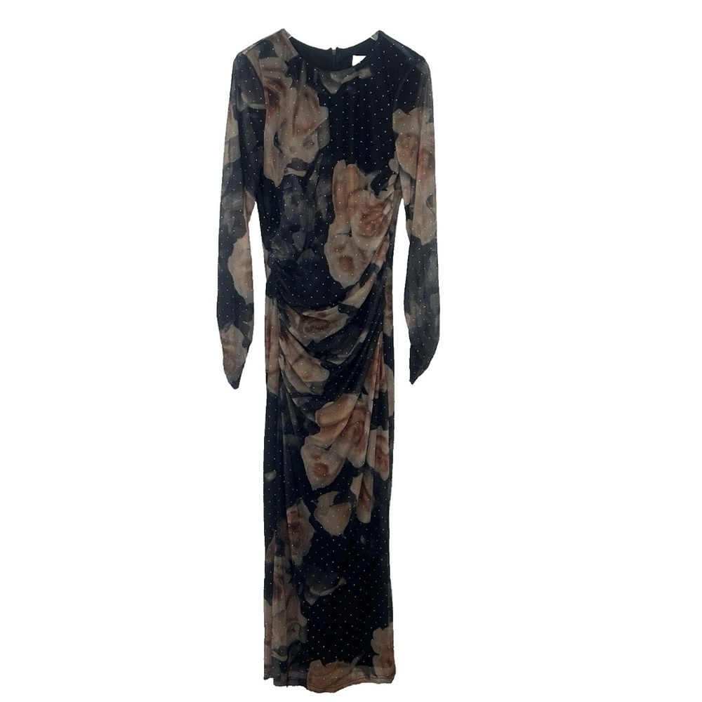 Quiz Gothic Dark Floral Midi Dress NEW Size 10 Ruched Sheer Sparkle Brown Black - Picture 2 of 16